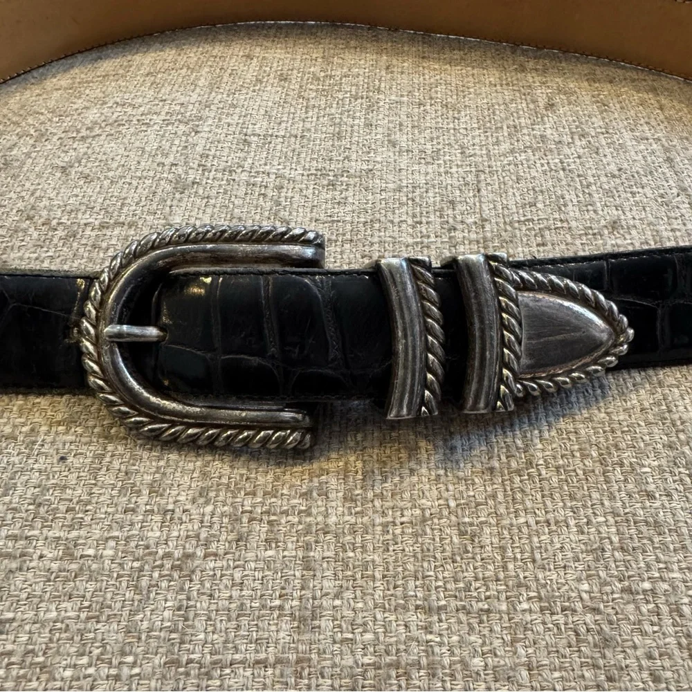 Vtg 1993 - Brighton - Alligator Embossed Leather Belt -Black & Silver - S/M